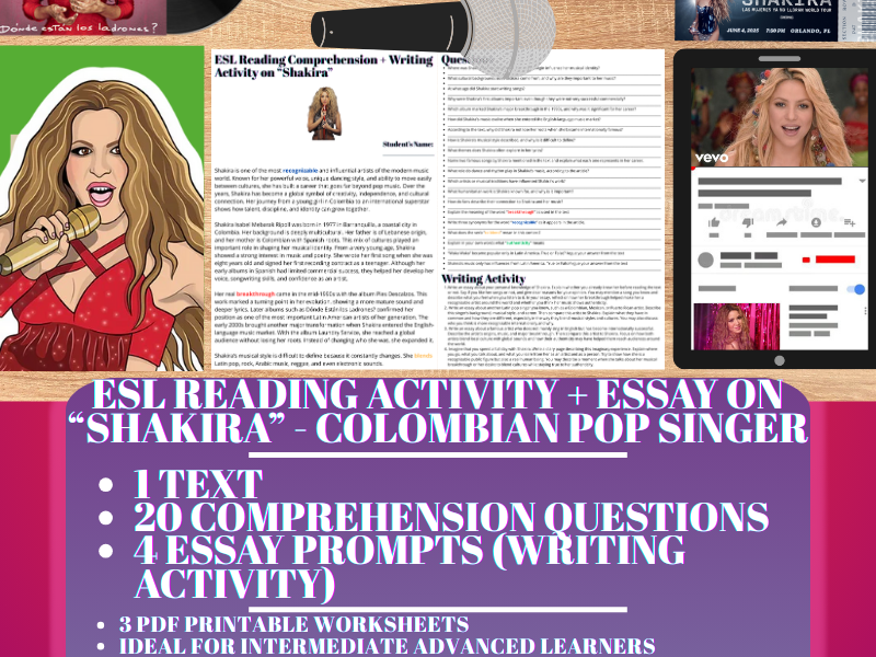 ESL Reading Comprehension + Writing Activity - Shakira - Colombian Pop Singer
