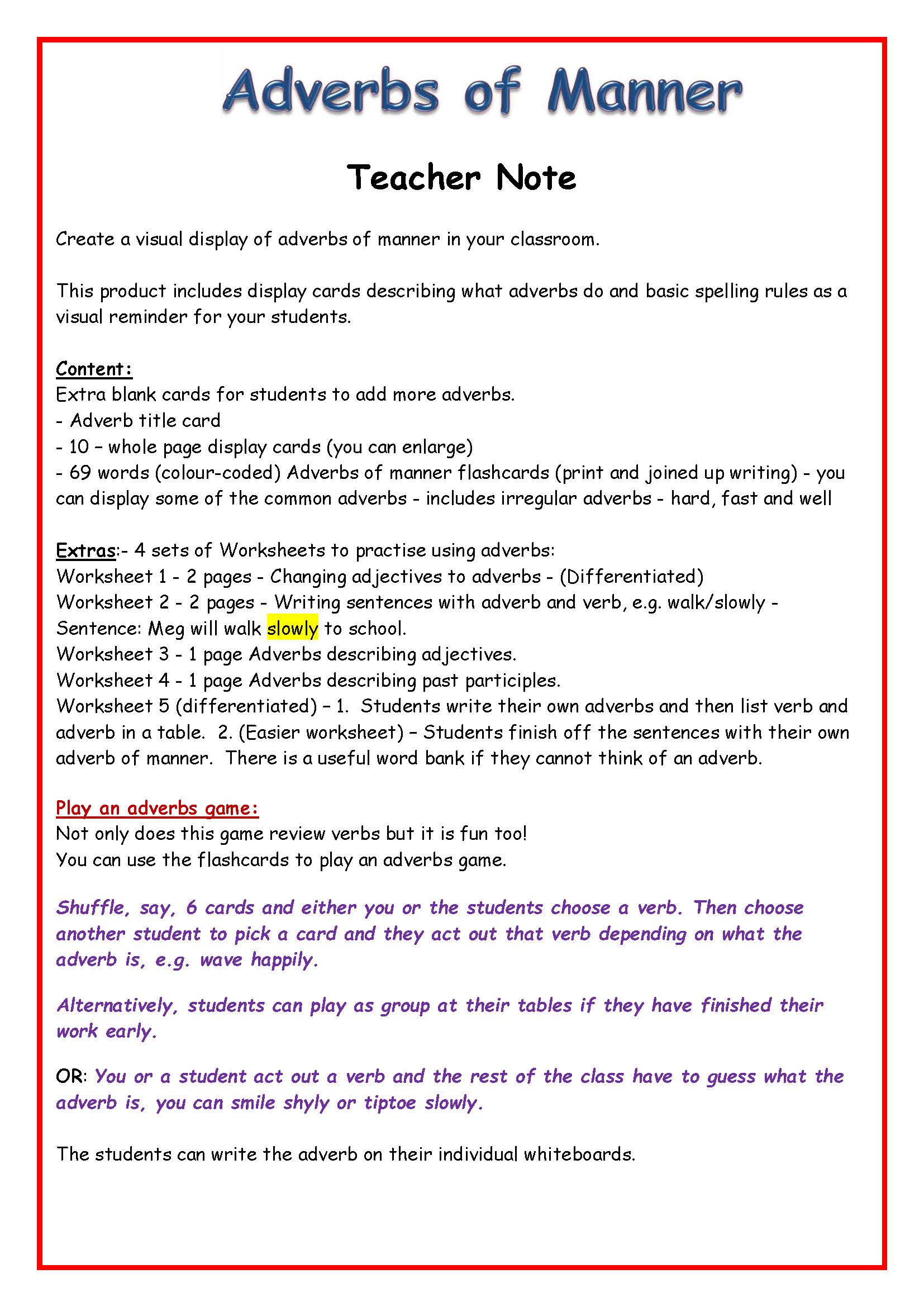 Adverbs Of Manner Display Worksheets Activities On Adverbs Adverb Games Keystage 1 Esl Efl Teaching Resources