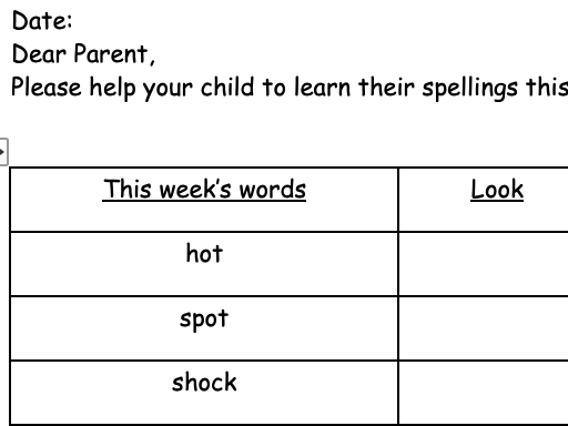 Year 1 spelling list for 'alternate o'