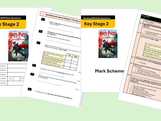 SATS style reading comprehension Harry Potter and the Philosopher's Stone and Mark Scheme