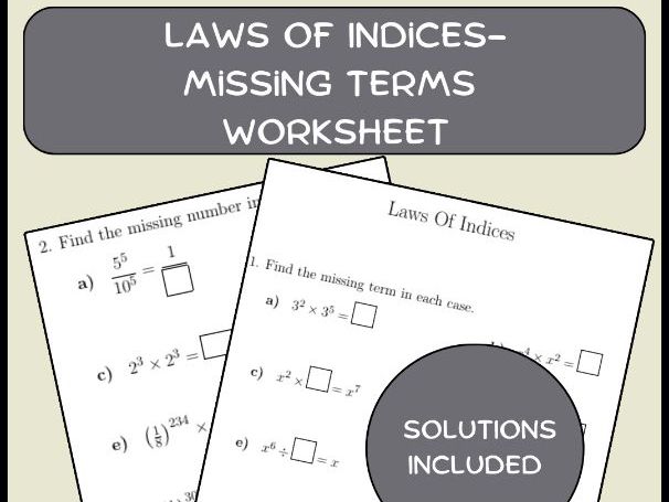 Laws Of Indices-Missing Terms worksheet (with solutions)