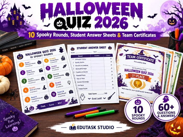Halloween Quiz 2026 | 10 Spooky Rounds, Student Answer Sheets & Certificates