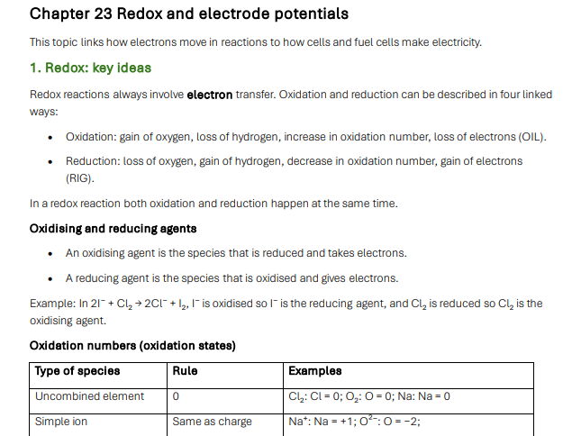 Module 5.2 Redox and Electrode Potentials Full Editable Summary OCR Chemistry A H432