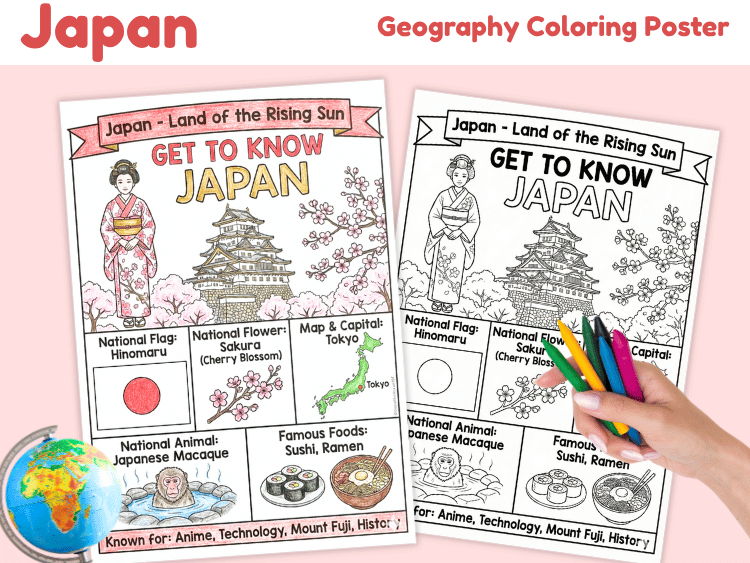 Japan Geography Coloring Poster | Country Facts & World Cultures