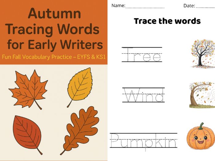 Autumn Tracing Words | Handwriting & Vocabulary Practice for EYFS & KS1 | Black & White Fall Theme