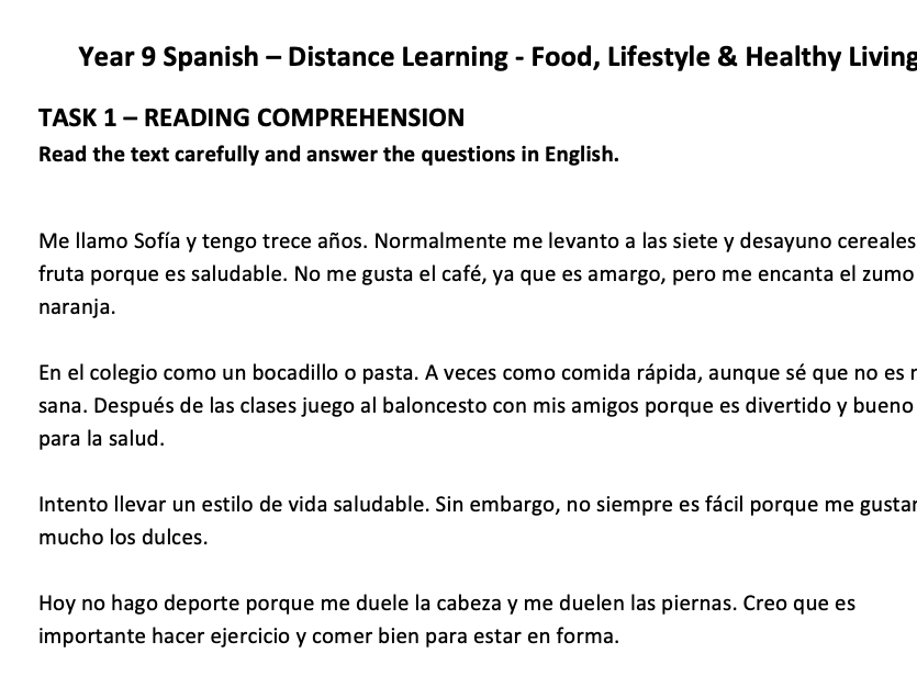 Year 9 - Food & Healthy Lifestyle - Worksheet