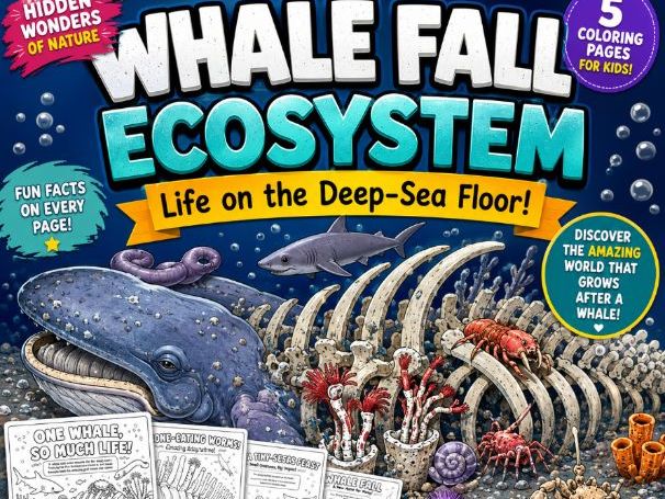Whale Fall Ecosystem Coloring Pages | Deep-Sea Biodiversity | 5-Page|Preschool - Grade 2