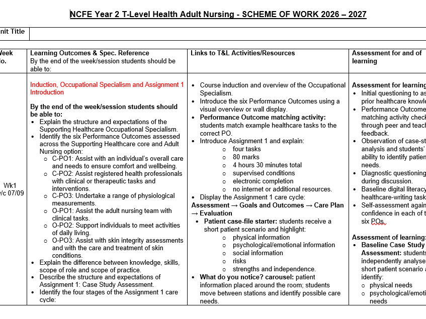 NCFE T Level Health Year 2 Adult Nursing Scheme of Work 2026/27
