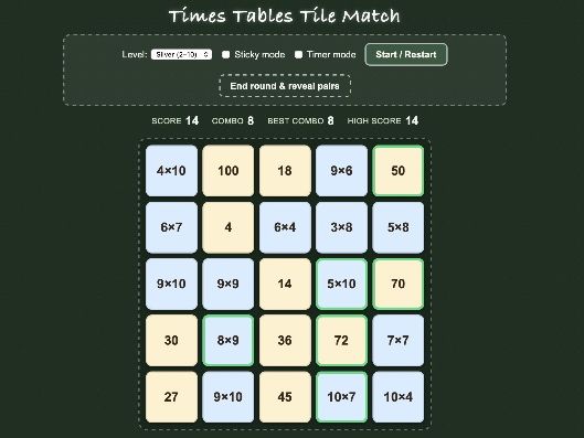 Times Tables Match: Speed Tile Game