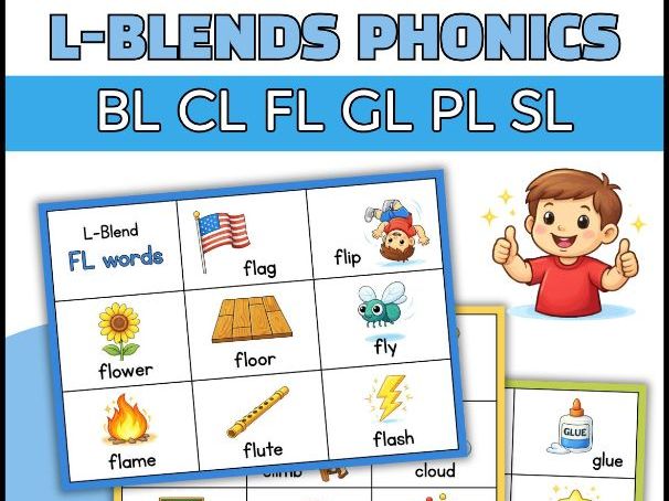 L-Blends Phonics Clipart Set – BL CL FL GL PL SL Words | Cute Cartoon Illustrati