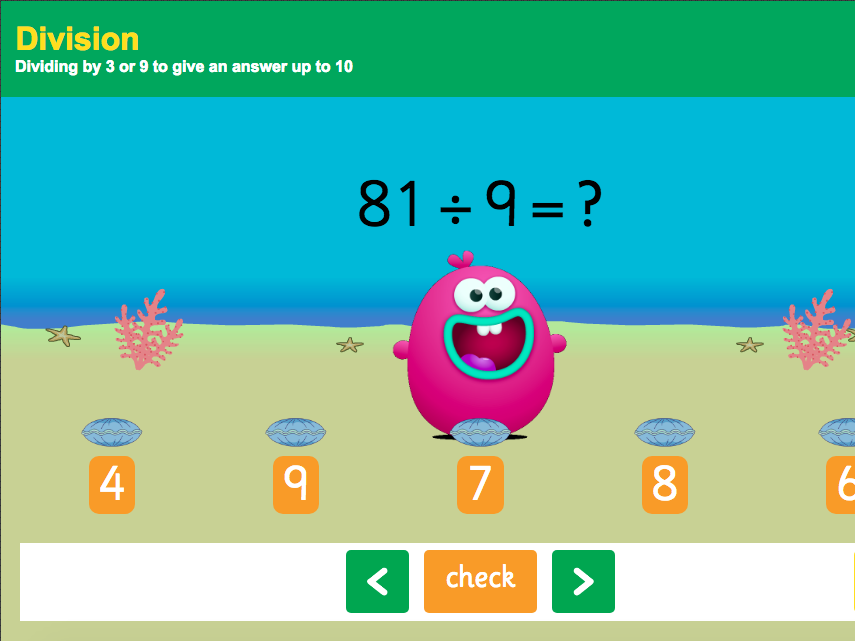 3 and 9 Times Tables - Dividing 3 or 9 to give an answer up to 10 Interactive Game - KS2 Number