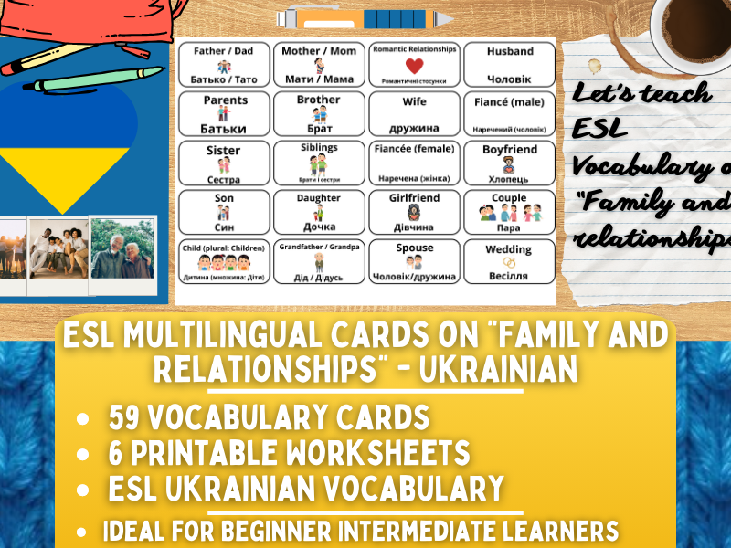 ESL Multilingual Vocabulary Flashcards on "Family and Relationships" - Ukrainian