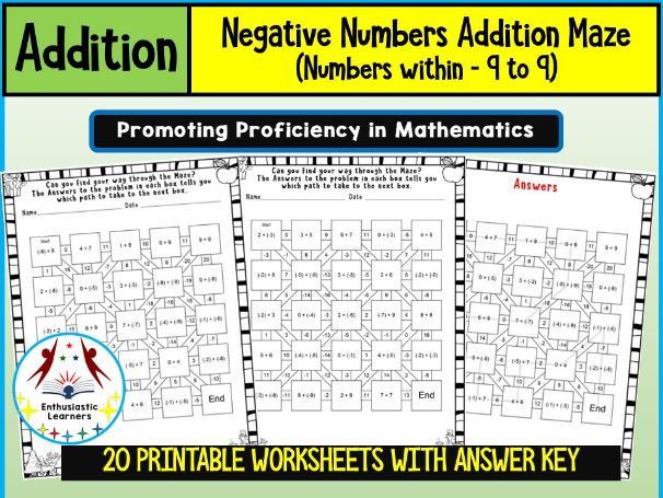 Negative Numbers Addition Number Maze (Numbers within –9 to 9) Worksheets Math Problems
