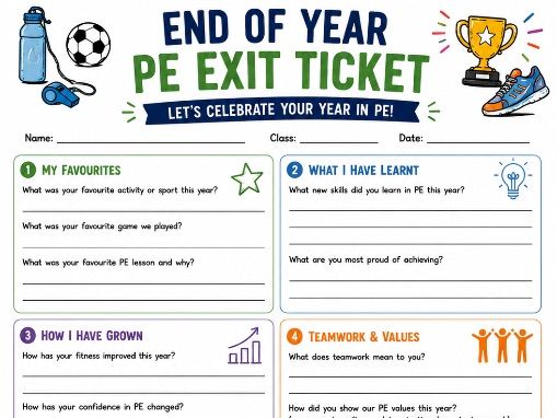 End of Year PE Exit Ticket | Physical Education Reflection Worksheet | Last Lesson Activity | KS1/2