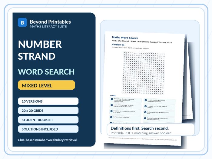 Number Strand Maths Word Search | 10 Printable Vocabulary Puzzles with Solutions