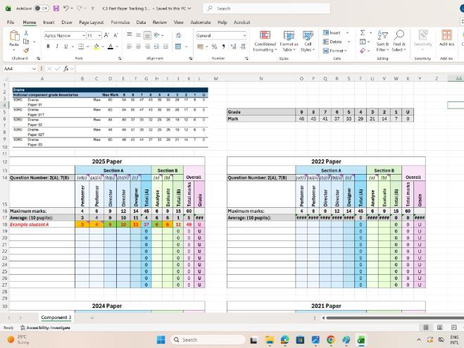 GCSE Drama Component 3 Tracker (2019–2025) | Auto Grading + Exam Question Prompts