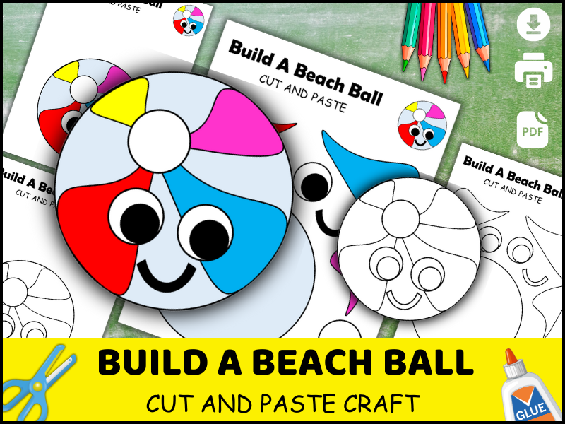 Beach Ball Craft Printable | Summer Cut and Paste Activity | Preschool Coloring Worksheet PDF