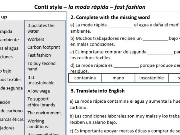 Fast Fashion & Sustainability in Spanish – Conti-Style Vocabulary & Practice Worksheet