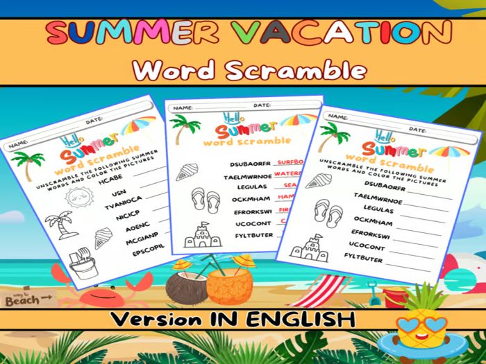 Summer Activities: Summer Vacation Word Scramble Worksheet Activity in English