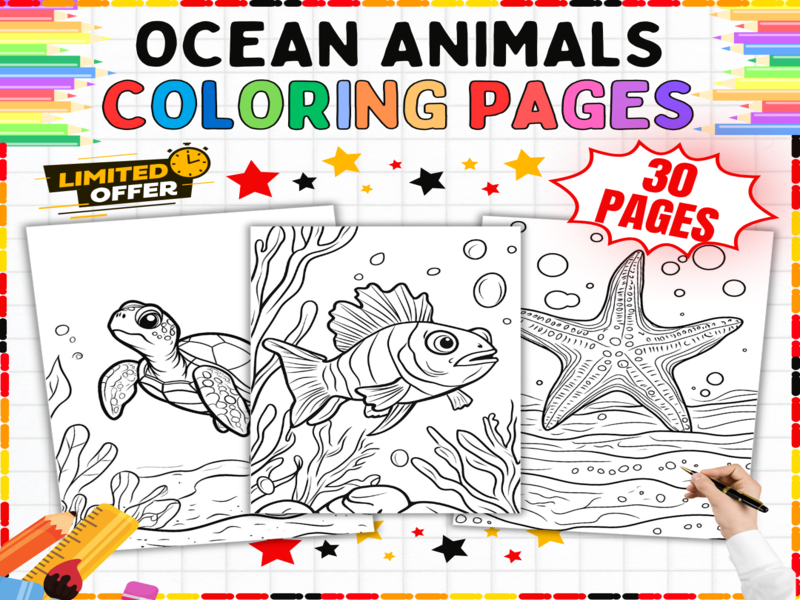 Ocean Animals Colouring Pages | 30 Sea Creatures Worksheets for Marine Life & Underwater Activities