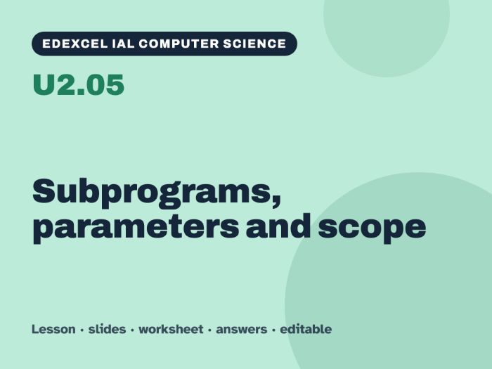 Edexcel IAL Computer Science – U2.05 Subprograms, parameters and scope – Lesson & Worksheet