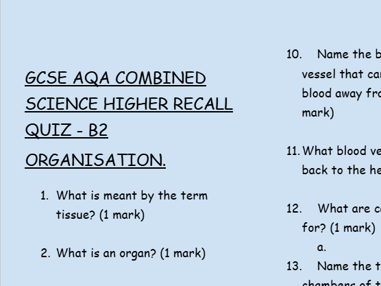 GCSE Biology B2 Organisation – 30 Low-Stakes Retrieval Questions (AQA Higher)