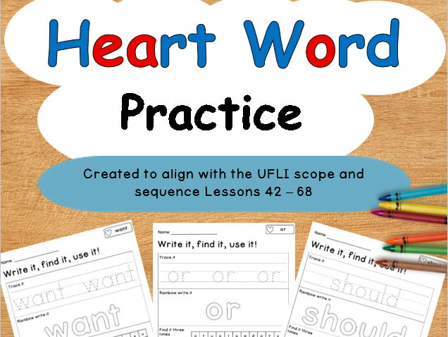 Heart Word Practice Worksheets | UFLI-Aligned Sight Words | Lessons 42-68