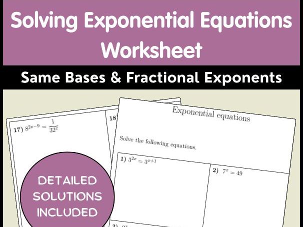 Solving Exponential Equations Worksheet | Same Bases & Fractional Exponents