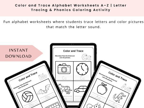 Color and Trace Alphabet Worksheets A–Z | Letter Tracing & Phonics Coloring Activity