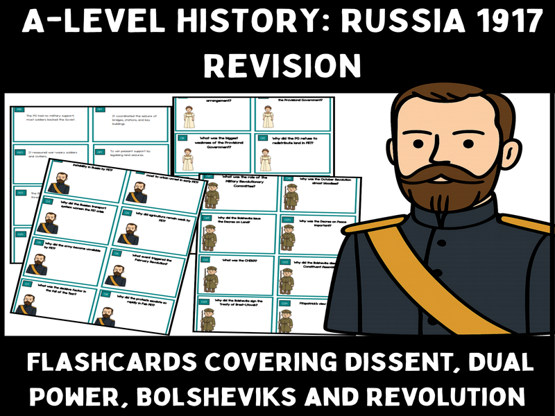 A-Level History Russia 1917 Flashcards | Dissent & Revolution Revision Cards with Answers