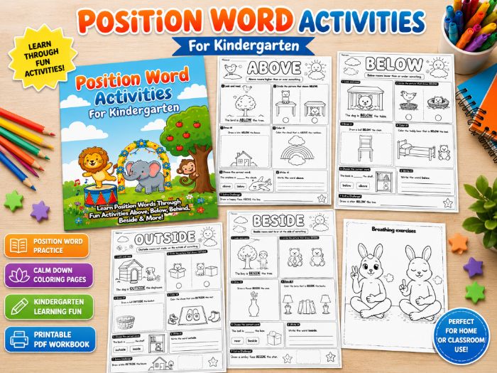 Position Words Activities for Kindergarten Summer Learning Workbook PDF Fun