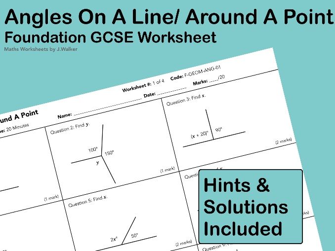 GCSE Maths Worksheet: Angles On A Line/ Around A Point - Foundation Tier