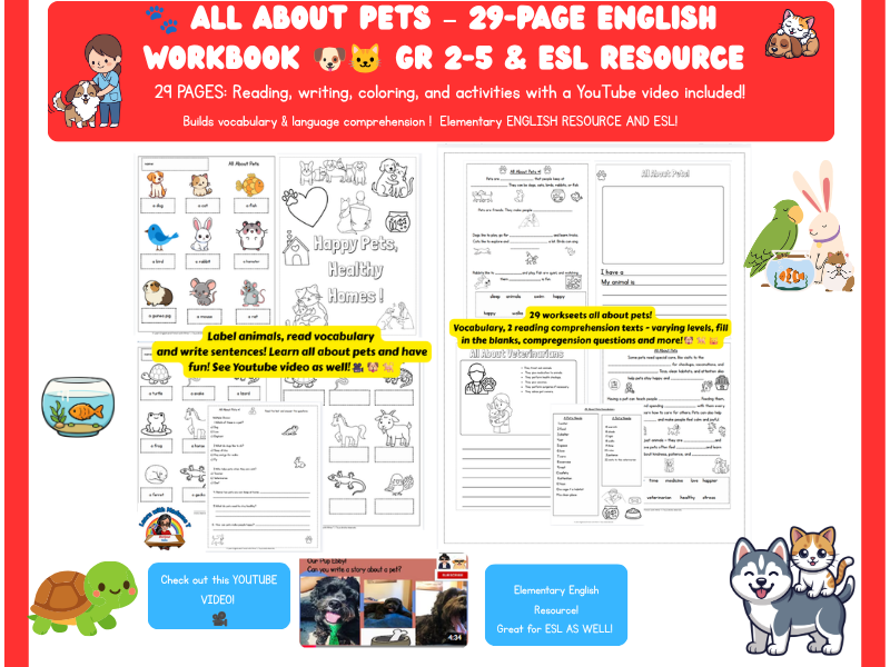 All About Pets 29-Page English Workbook - Grade 2-6 & ESL : Reading and Writing