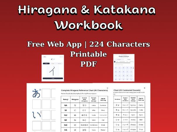 Hiragana & Katakana Workbook + Free Web App | 224 Characters | Printable