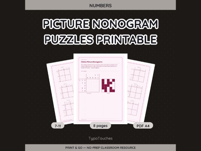 Picture Nonogram Puzzles Printable | 8 pp