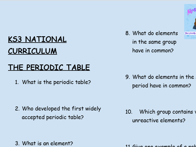 KS3 Chemistry: The Periodic Table – 30 Question Retrieval Worksheet
