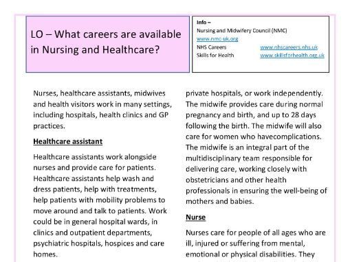What careers are available in Nursing and Healthcare?