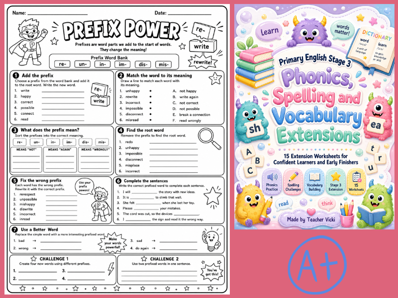 Primary English Stage 3 Phonics, Spelling and Vocabulary Extensions | 15 Worksheets