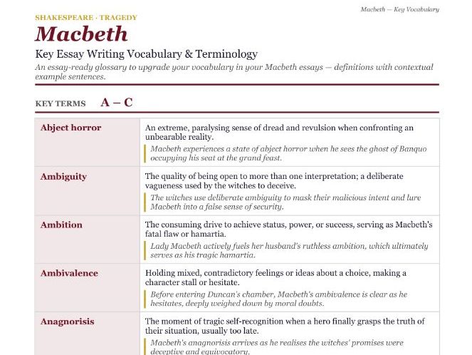 Macbeth Advanced Vocabulary Glossary: Essay-Ready Terminology (Grades 7–9) - GCSE English Literature