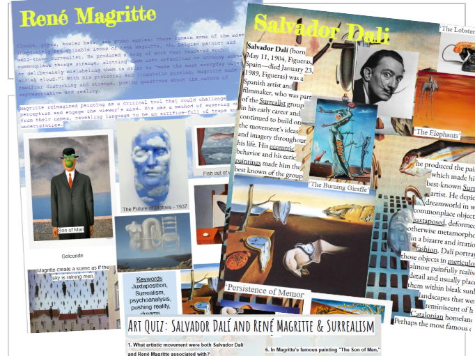 Surrealism Fact File Dali  / Magritte plus 10 question quiz