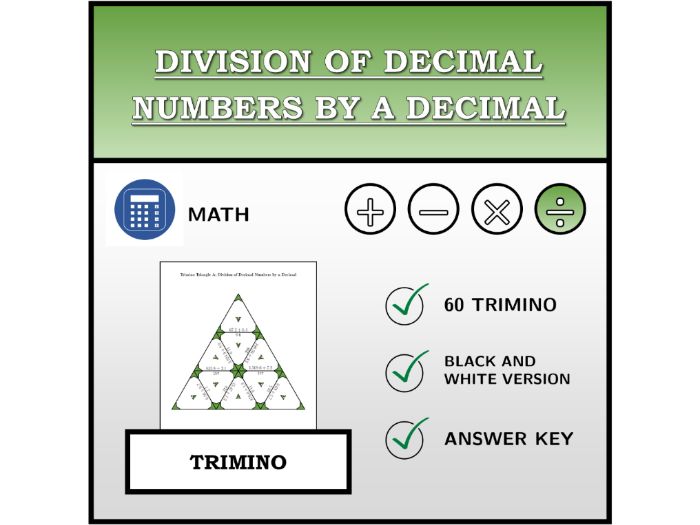 Trimino | Division of Decimal Numbers by a Decimal | Math Activity