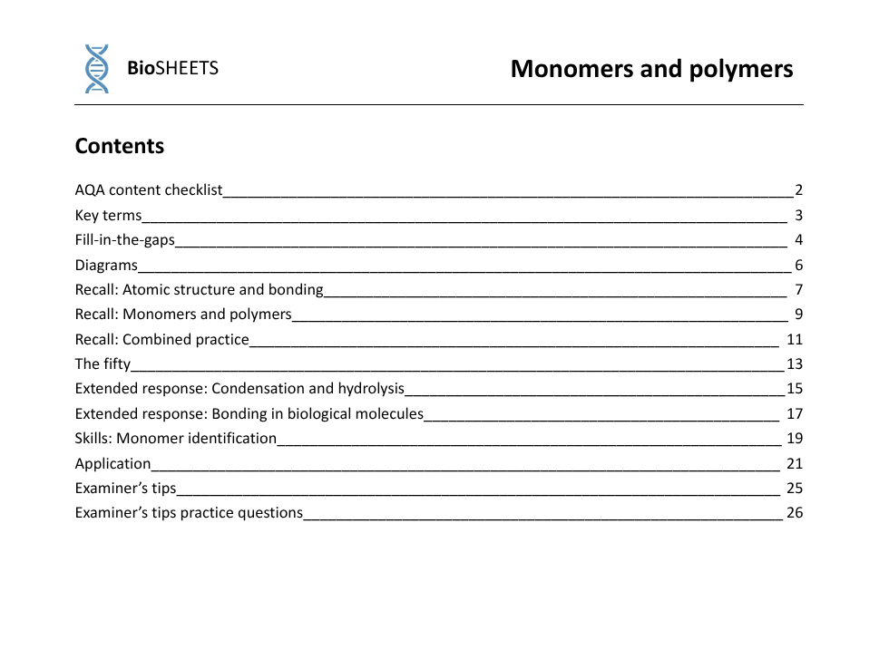 [FREE] AQA A-Level Biology: 1.1 Monomers & Polymers – BioSHEETS Complete Study & Practice Pack