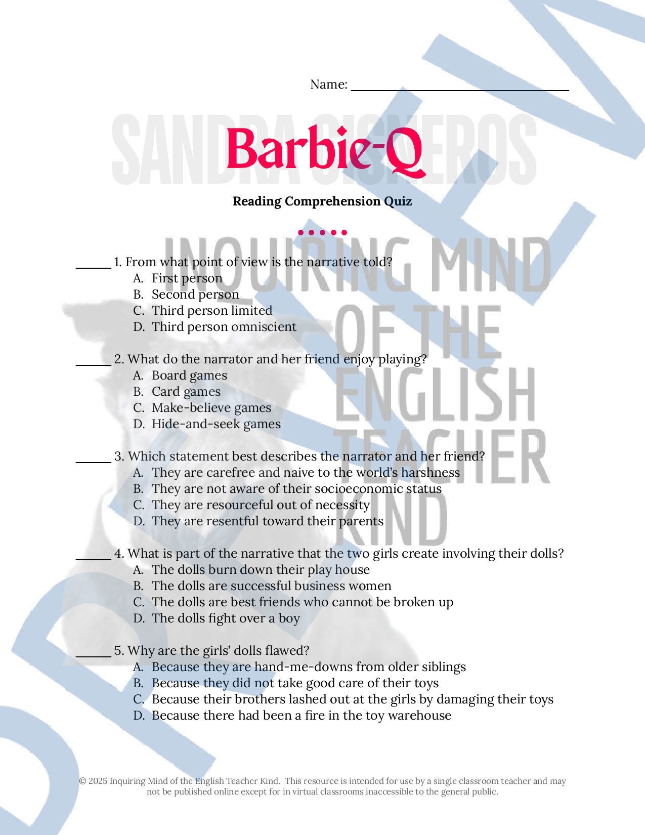 "Barbie-Q" by Sandra Cisneros Quiz and Answer Key | Teaching Resources