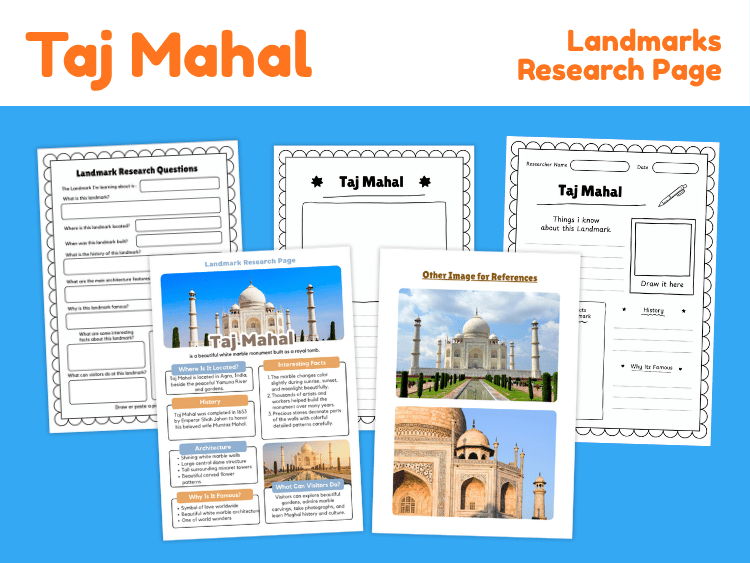 Taj Mahal Landmark Research Project | History & Geography Worksheets