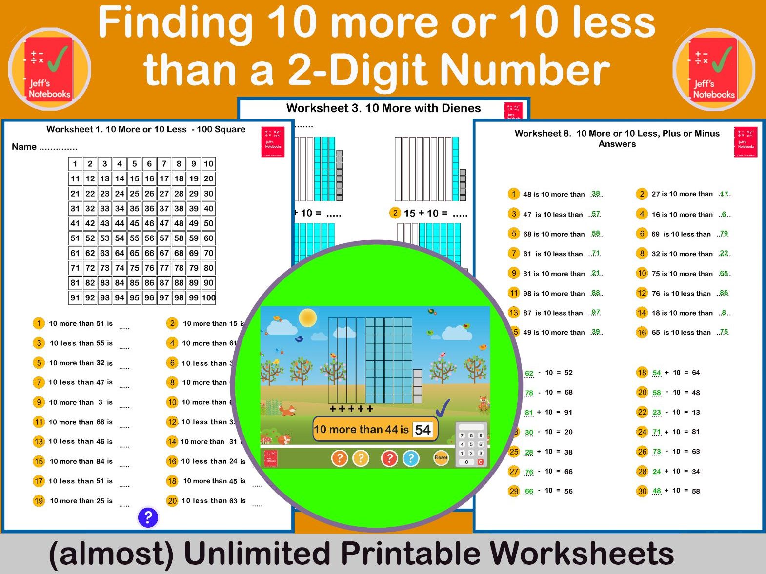 Add & Subtract by bridging through 10 up to 100  BUNDLE