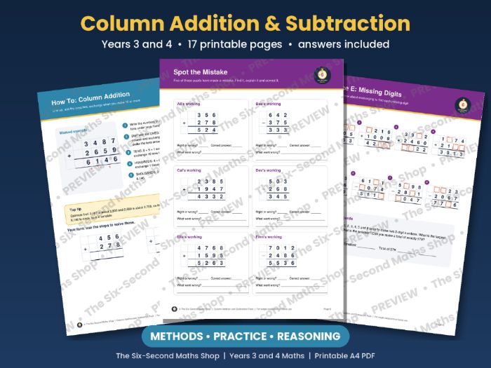 Column Addition and Subtraction | Year 3 and 4 Formal Methods with Answers