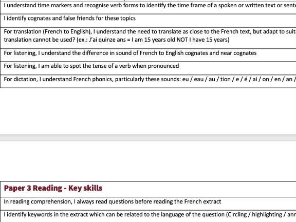 AQA French GCSE PLC (Personal Learning Checklist) for mocks revision and feedback