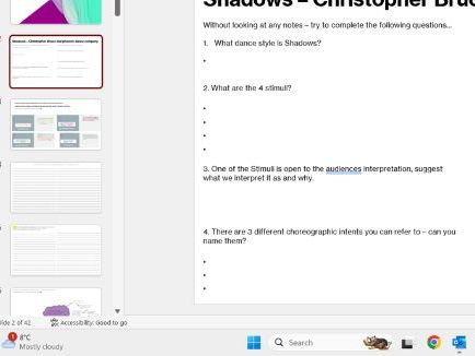 GCSE Dance homework booklet - INFRA, SHADOWS & E of E