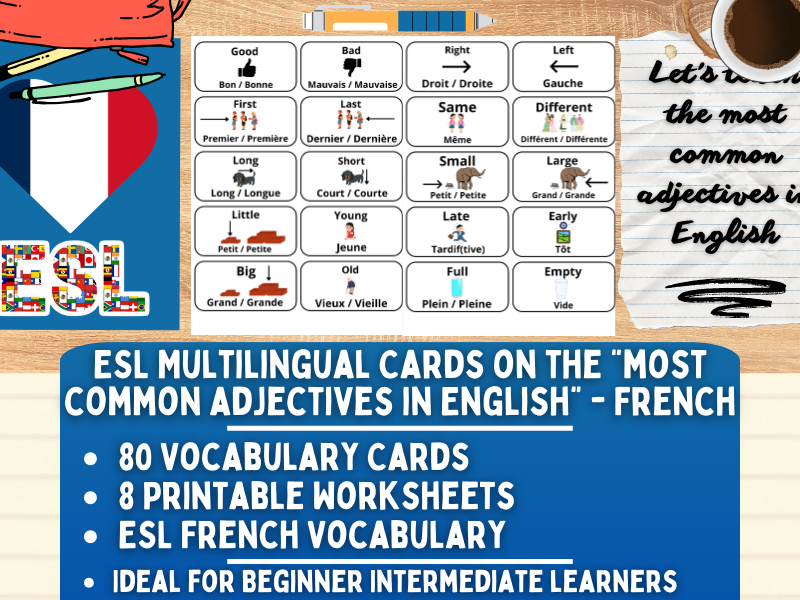 ESL Multilingual Vocabulary Flashcards - Most Common Adjevtives - French