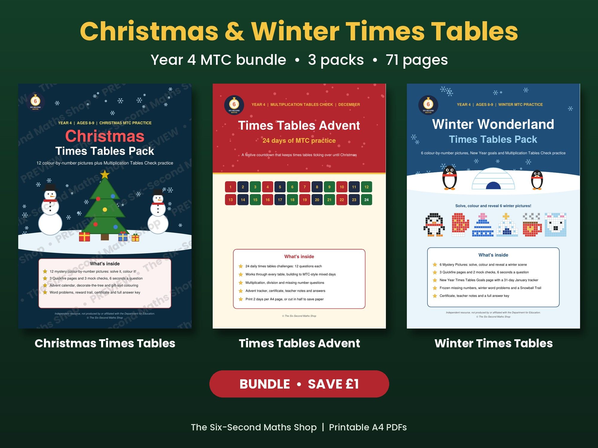 Christmas and Winter Times Tables Bundle | Year 4 MTC Practice